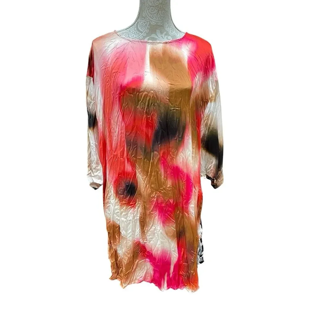 Alembika Oversized Tunic Dress XS Crinkle Satin Abstract Butterfly Art to Wear